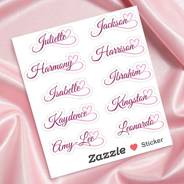 Custom Guest List 10 Names Pink Calligraphy Herz Aufkleber (Von Creator hochgeladen)