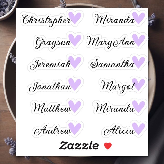 Custom Guest List 12 Names Calligraphy Lilac Heart Aufkleber (Von Creator hochgeladen)