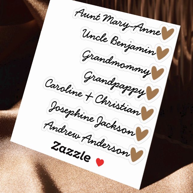 Custom Guest List 7 Names Calligraphy Brown Heart Aufkleber (Von Creator hochgeladen)