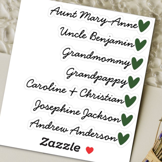 Custom Guest List 7 Names Calligraphy Green Heart Aufkleber (Von Creator hochgeladen)