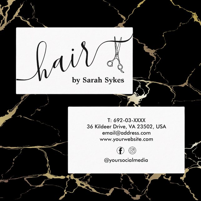 Custom Hair Stylist Scheren Script Barber White Visitenkarte (Von Creator hochgeladen)