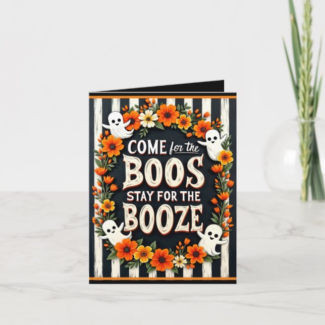 Custom Halloween 'Boos & Booze' Ghost & Floral Einladung (Vorderseite)