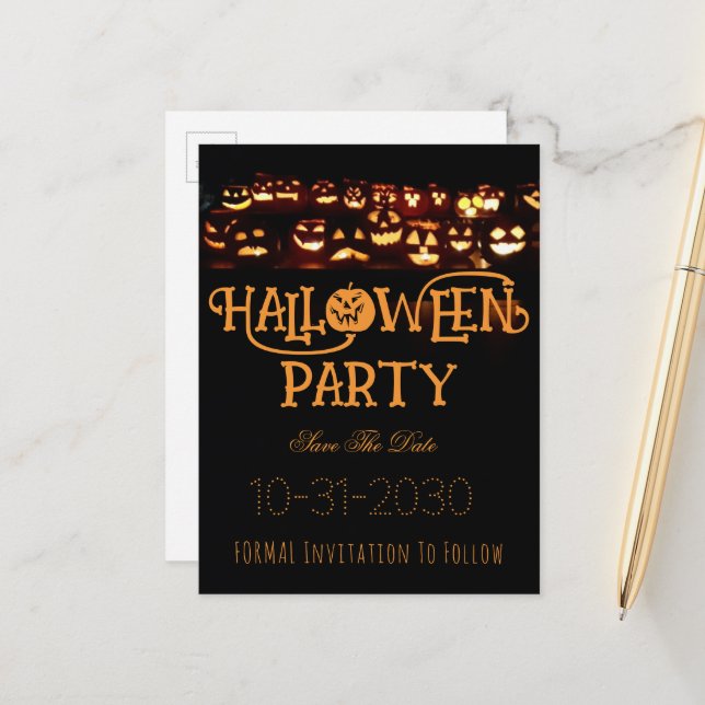 Custom Halloween-Party Save the Date Pumpkin Ankündigungspostkarte (Vorderseite/Rückseite Beispiel)
