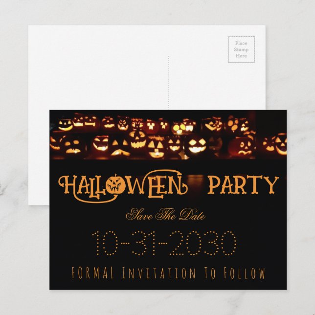 Custom Halloween-Party Save the Date Pumpkin Ankündigungspostkarte (Vorne/Hinten)