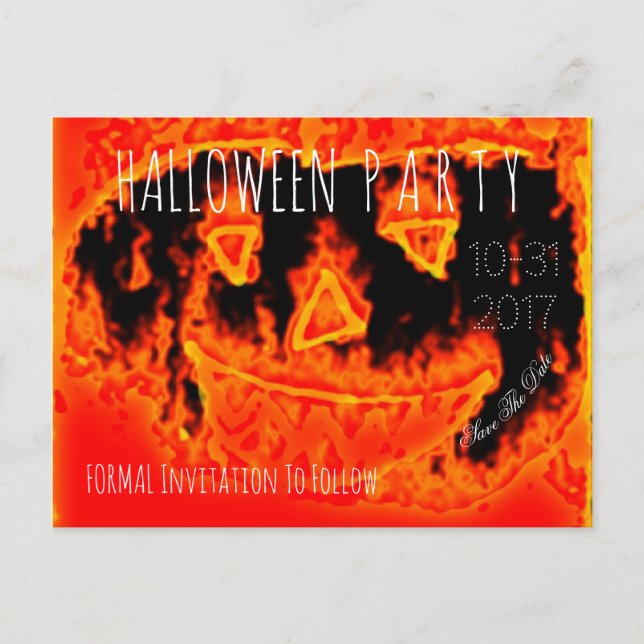 Custom Halloween-Party Save the Date Pumpkin Feuer Ankündigungspostkarte (Vorderseite)