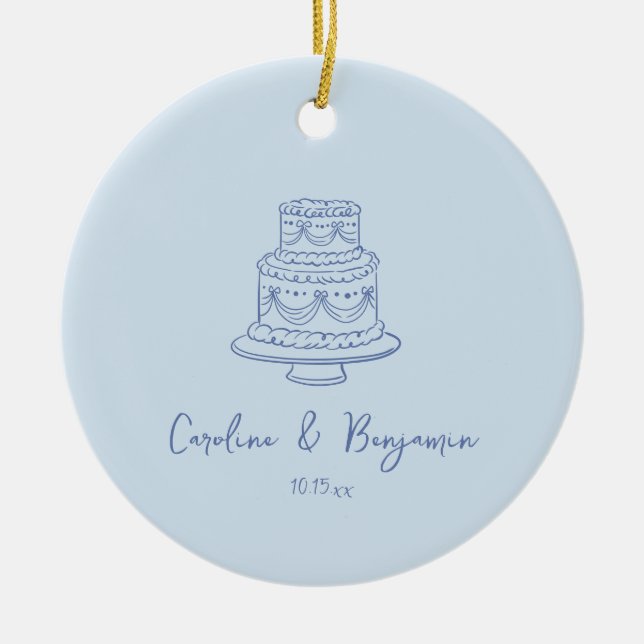 Custom Handwritten Cool Blue Doodle Wedding Cake Keramik Ornament (Vorne)