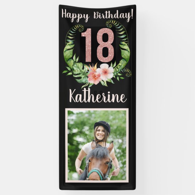Custom Happy 18. Geburtstag Pink Glitzer Foto Banner (Vertikal)