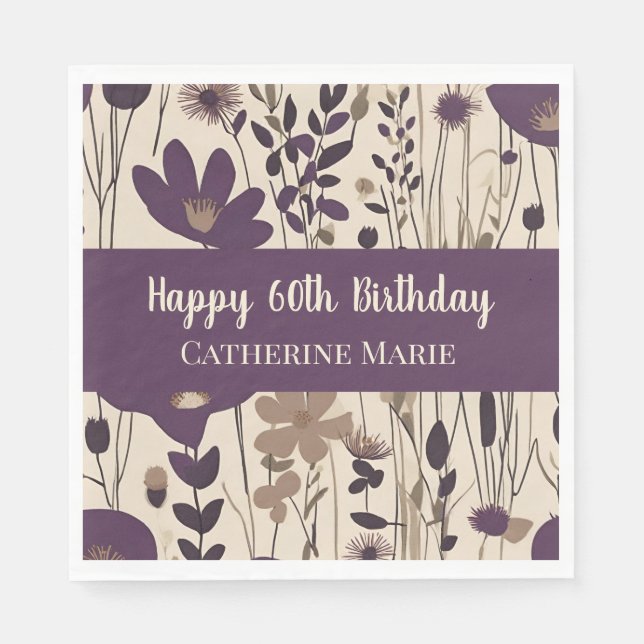 Custom Happy 60. Geburtstag Moderne Lila Blume Serviette (Vorderseite)