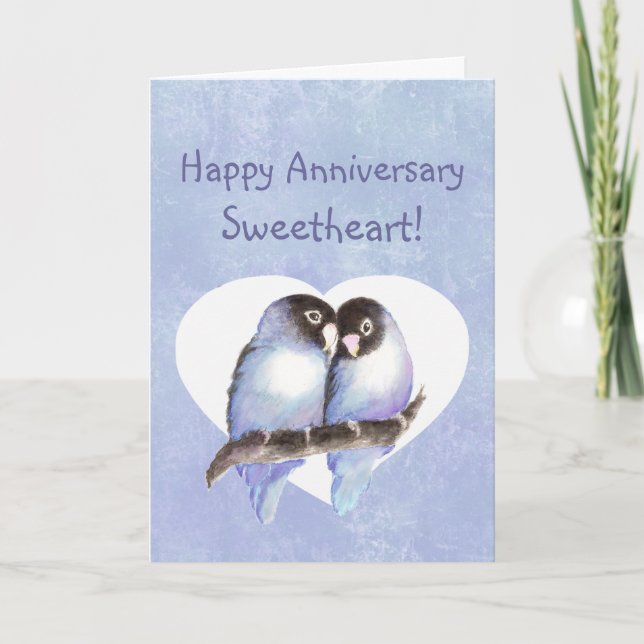 Custom Happy Anniversary Sweetheart Blue Lovebirds Karte (Vorderseite)