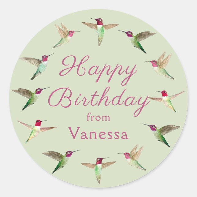 Custom Happy Birthday Anna's Hummingbirds Runder Aufkleber (Vorderseite)