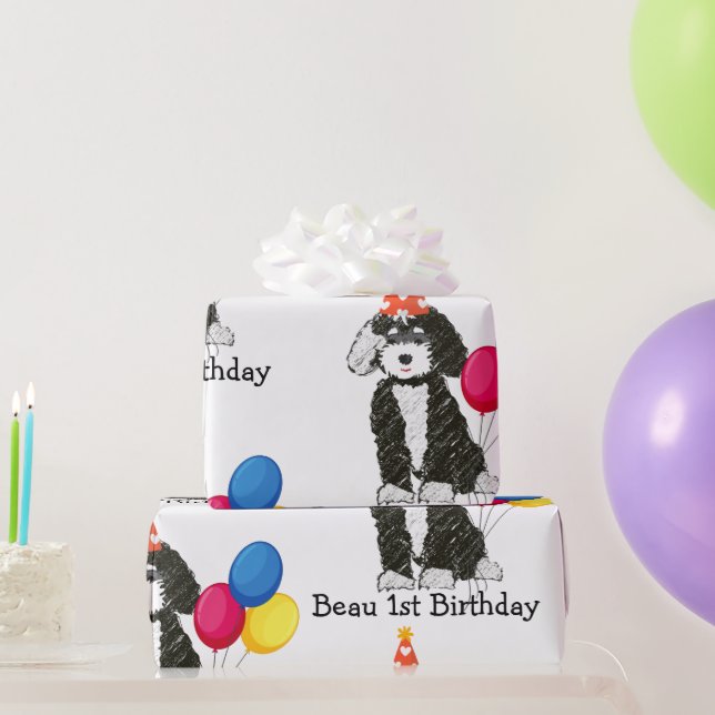 Custom Happy Birthday Black & White Bernedoodle Wr Geschenkpapier (Partygeschenke)