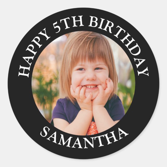 Custom Happy Birthday Foto Name Age Runder Aufkleber (Vorderseite)
