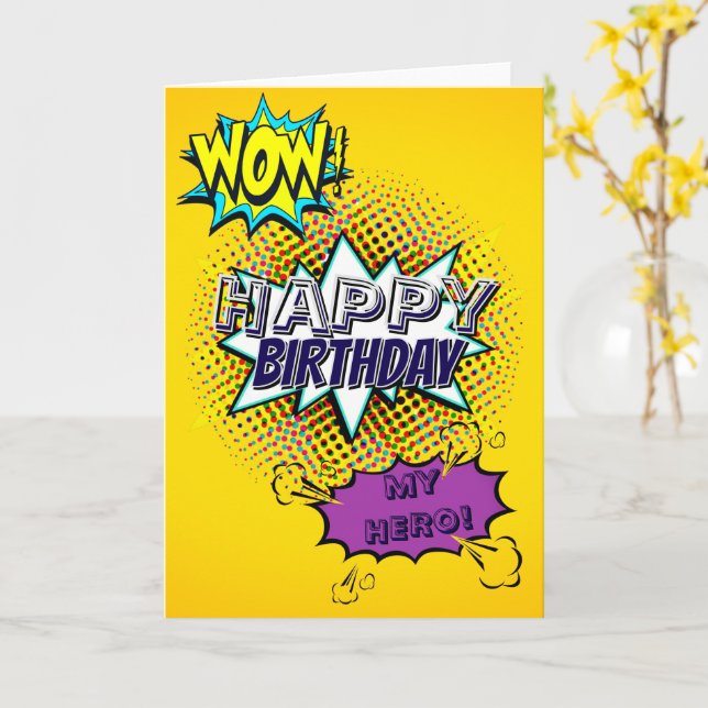 Custom HAPPY BIRTHDAY HERO Comic Style Pop Art Fun Karte (Gelbe Blume)