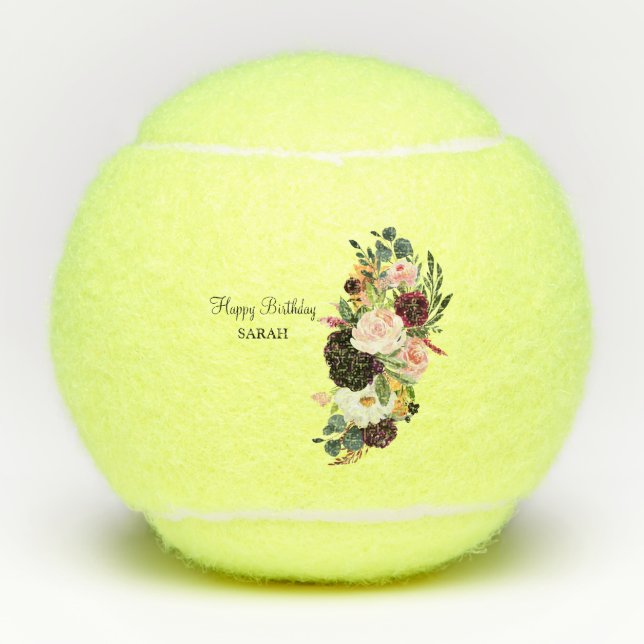 Custom Happy Birthday Name Floral Tennisbälle (Vorderseite)