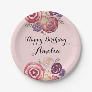 Custom Happy Birthday Pink Blume Paper Plate Pappteller