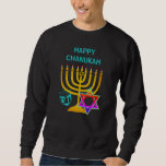 Custom HAPPY CHANUKAH Hanukkah Sweatshirt<br><div class="desc">HAPPY CHANUKAH Hanukkah unisex Sweatshirt, mit CUSTOMIZABLE TEXT, entworfen mit Imitaten Gold menorah, farbenfrohe Star of David und silberfarbene dreidel plus CUSTOMIZABLE GREETING, sodass Sie Ihre eigenen Gruß erstellen können. Ideal für Damen und Herren, für die Hanukkah Saison. Wählen Sie aus einem breiten Bereich von Hanukkah-Kleidung und Geschenken, die von...</div>