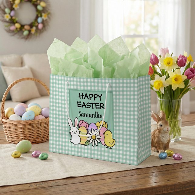 Custom Happy Easter Bunny Chick Green Gingham Große Geschenktüte (Von Creator hochgeladen)