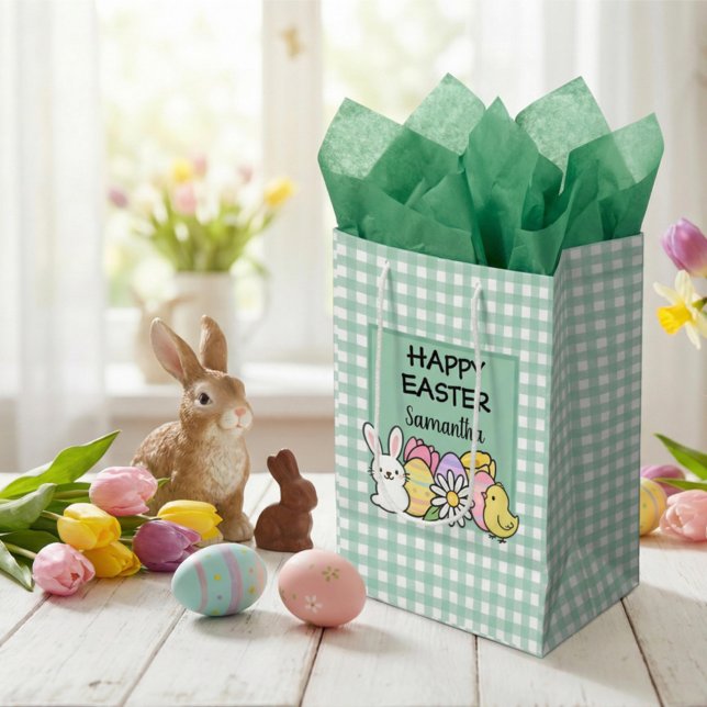 Custom Happy Easter Bunny Chick Green Gingham Mittlere Geschenktüte (Von Creator hochgeladen)