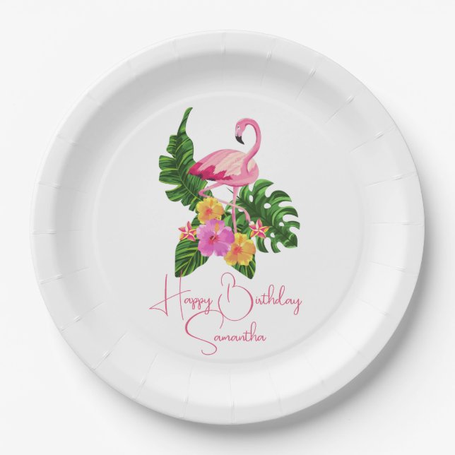 Custom Happy Geburtstag Party Tropical Flamingos Pappteller (Vorderseite)