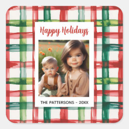 Custom Happy Holidays Fun Plaid Red Green Photo Quadratischer Aufkleber