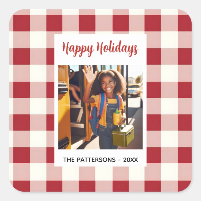 Custom Happy Holidays Fun Plaid Red White Photo Quadratischer Aufkleber (Vorderseite)