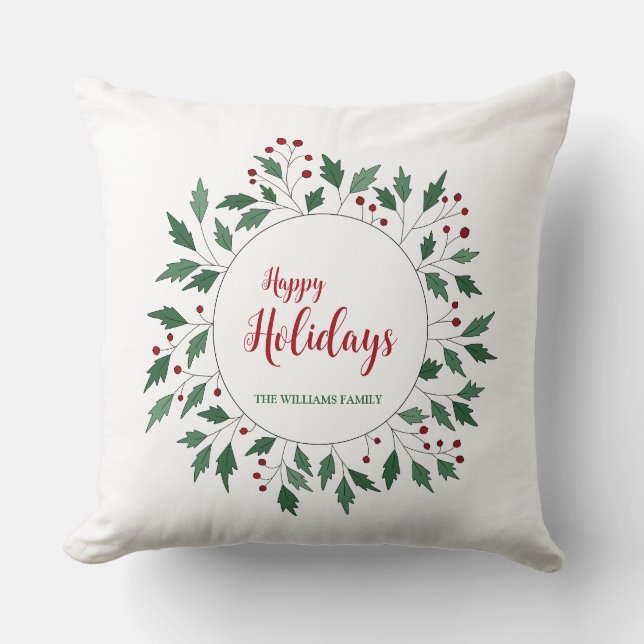 Custom Happy Holidays Wreath Throw Kissen (Vorderseite)