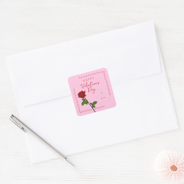 Custom Happy Valentine’s Day Rose Square Sticker (Enveloppe)