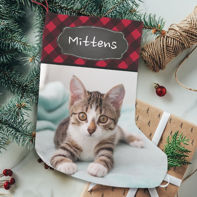 Custom Hauskatze Foto Rustikales Rotes Buffalo Kar Kleiner Weihnachtsstrumpf (Von Creator hochgeladen)