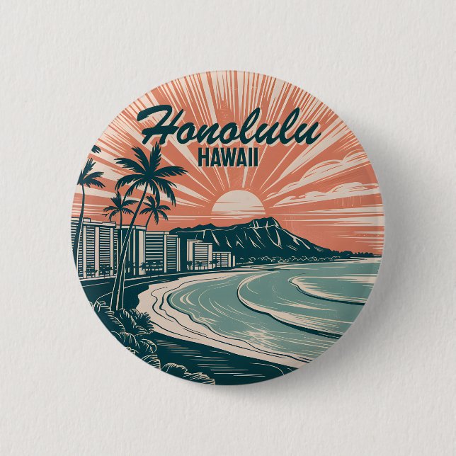 Custom Hawaii Honolulu Waikiki Beach Retro Travel Button (Vorderseite)