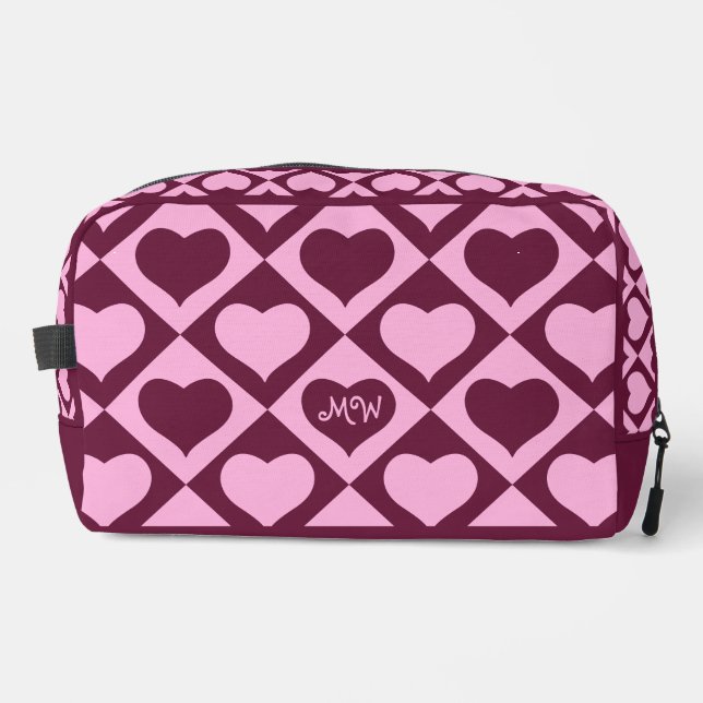 Custom Heart Checkerboard Pattern Bordeaux Pink -  Waschbeutel (Vorderseite)