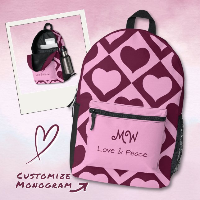 Custom Heart Checkerboard Pattern Pink Bordeaux -  Bedruckter Rucksack (Von Creator hochgeladen)