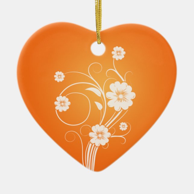 Custom Heart Ornaments White Flowers On Orange Keramikornament (Vorne)