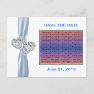 Custom Hearts Blue Ribbon Save the Date Postcard Ankündigungspostkarte