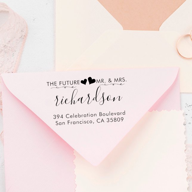 Custom Hearts & Mr. & Mrs. Wedding Rücksendeadress Gummistempel (Von Creator hochgeladen)