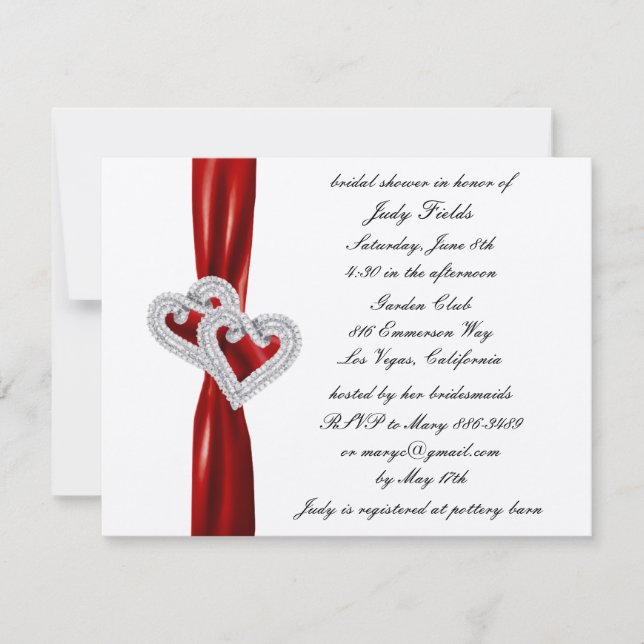 Custom Hearts Red Ribbon Bridal Dusche Einladung (Vorderseite)