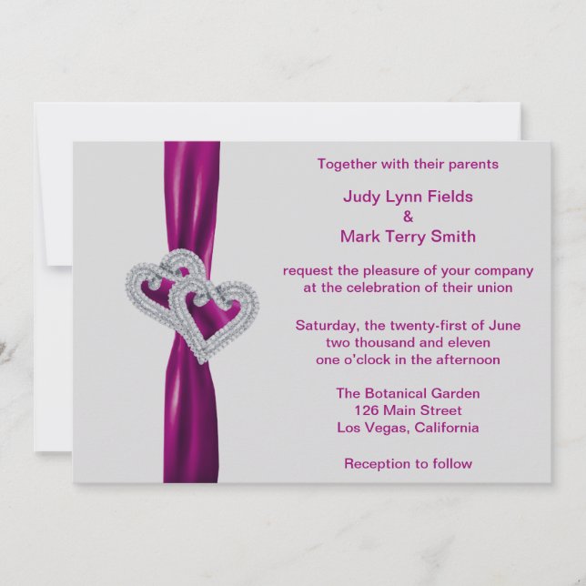 Custom Hearts Sangria Ribbon Wedding Einladung (Vorderseite)