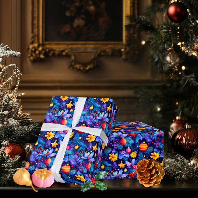 Custom Helle Ornamente und Blumenweihnachtswrap Geschenkpapier (Von Creator hochgeladen)