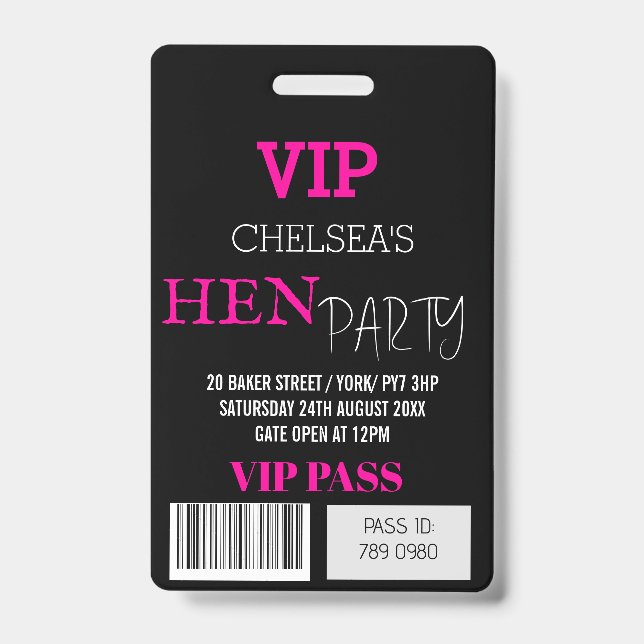 Custom Hen Party Festival Access Pass VIP Ausweis (Vorderseite)