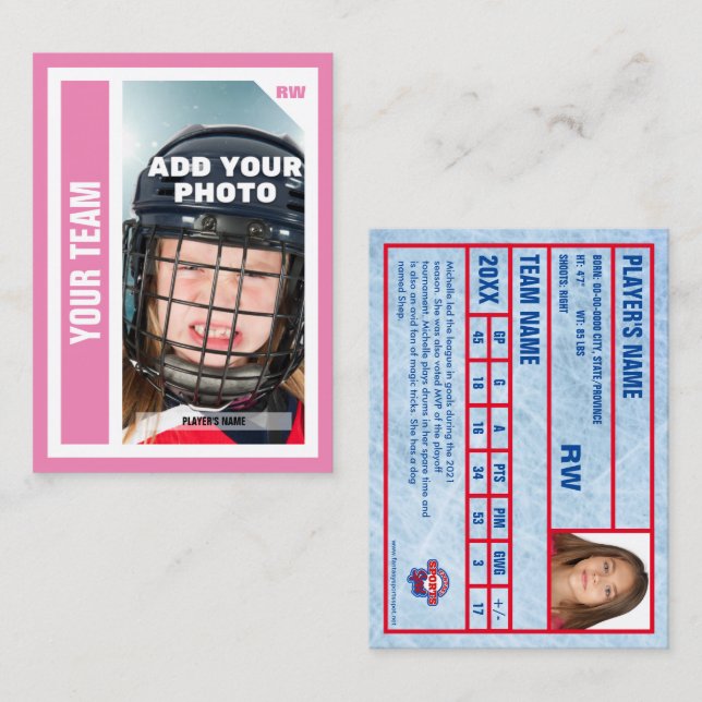 Custom Hockey Trading Card (Pink) Hinzufügen Sie I Telefonnummerkarte (Vorne/Hinten)