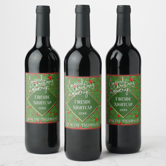 Custom Holiday Green Holly Blätter und Red Berries Weinetikett (Flaschen)