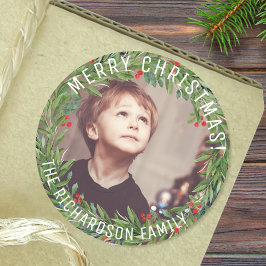 Custom Holly Wreath Family Foto Weihnachten Runder Aufkleber