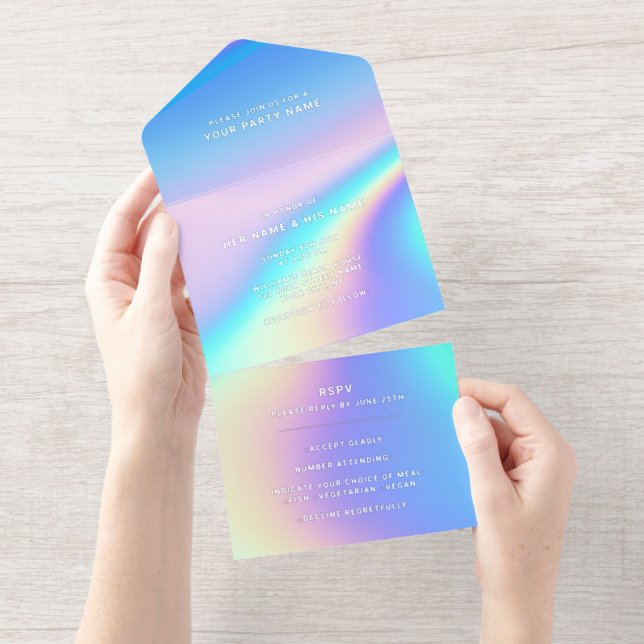 Custom Holographic Modern Elegante Foil All-in-One-Einladung (Abreißstreifen)
