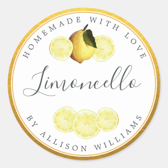 Custom Homemade Limoncello Label Champagne Gold Runder Aufkleber (Vorderseite)