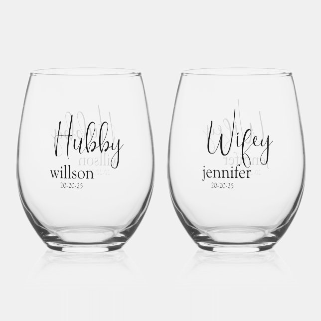 Custom Hubby und Wifey Atemberaubend Weinglas Ohne Stiel (Rückseite)