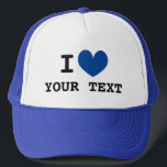 Custom I HEART Truckhut mit blauem Liebe Symbol Truckerkappe<br><div class="desc">Custom I HEART Trucker Hut mit blauem Liebe Symbol. Machen Sie Ihre eigene personalisierte Kappe mit dieser leeren Vorlage. Benutzerdefiniertes Farbherz mit schwarzer Typografie.</div>