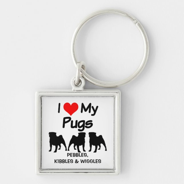 CUSTOM I Liebe meine drei Mops Hunde Schlüsselanhänger (Vorne)