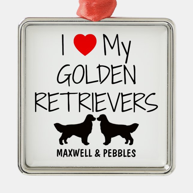 Custom I Liebe meine zwei goldenen Retrievers Silbernes Ornament (Vorne)