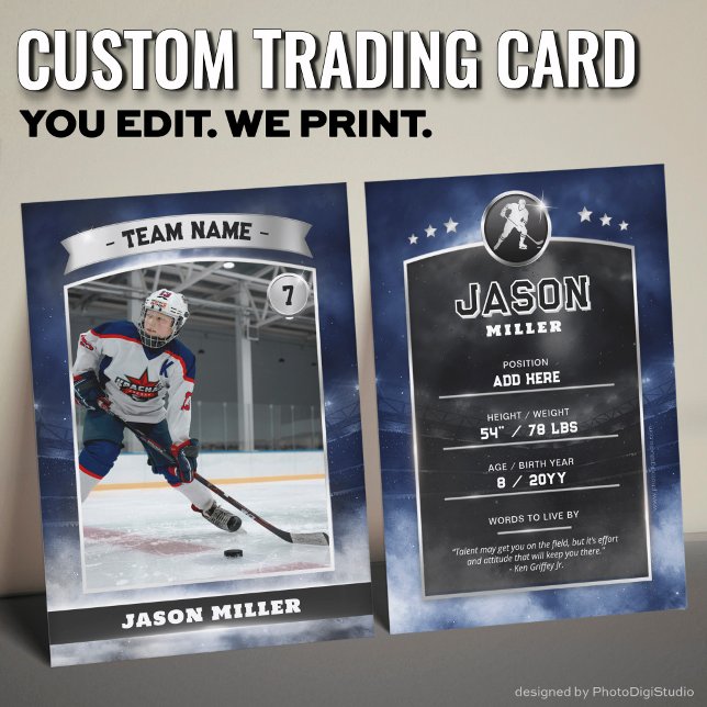 Custom Ice Hockey Trading Card Blue Silver Stadium Telefonnummerkarte (Custom Trading Card, Editable Ice Hockey Trading Card, Modern Blue Silver Stadium Design)