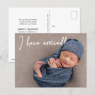 Custom Ich bin angekommen Baby Foto Danke Ankündigungspostkarte