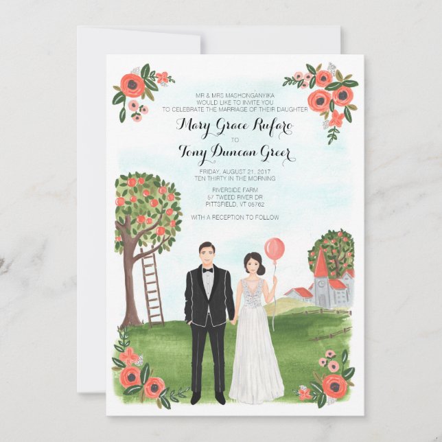 Custom Illustrated Couple Portrait Farm Wedding Einladung (Vorderseite)